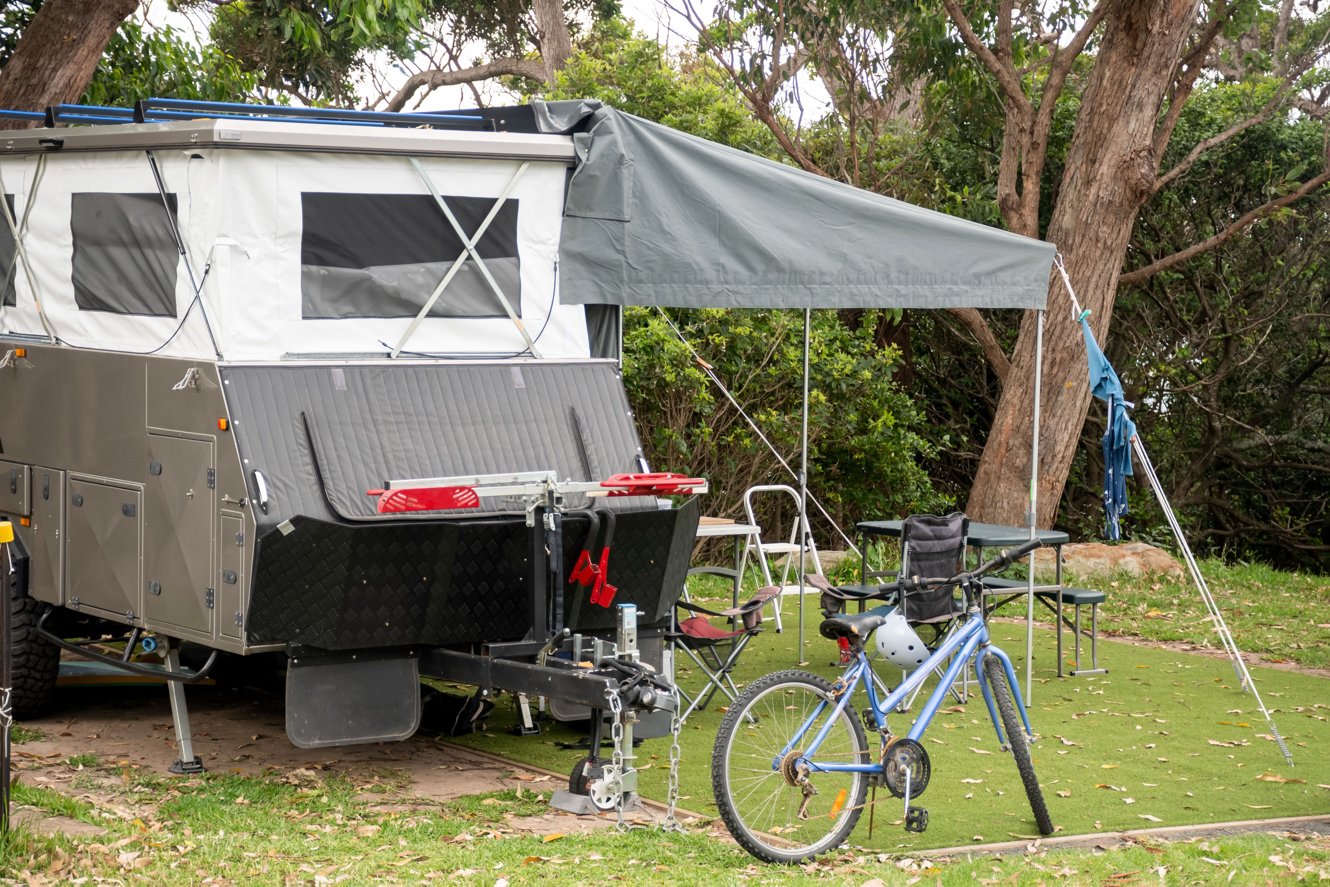 bike outside of a set up camper trailer
