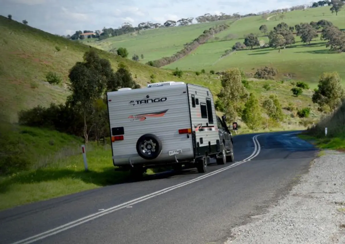 A caravan being towed in Australia