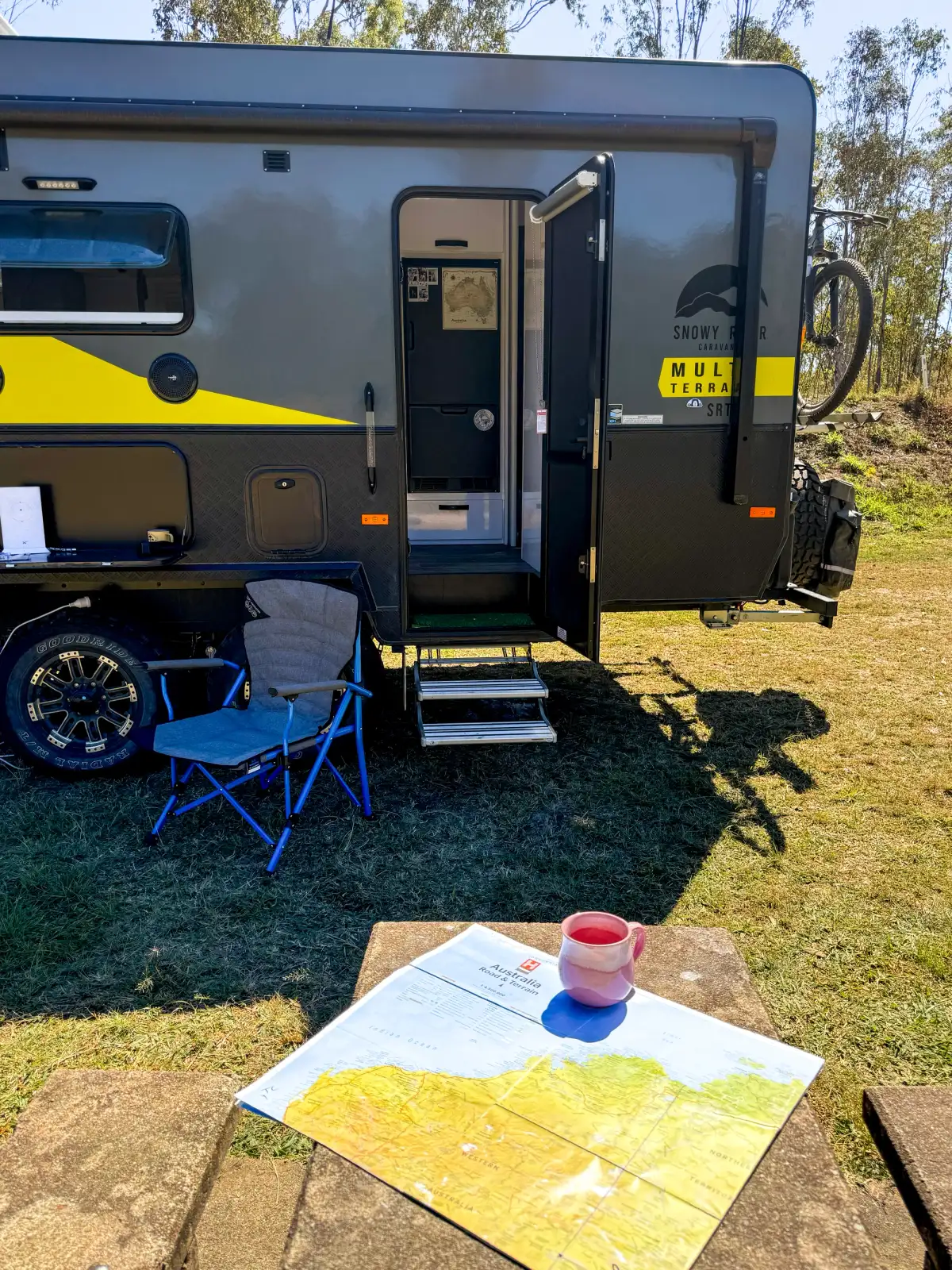 Exterior of a Snowy River caravan with the door open