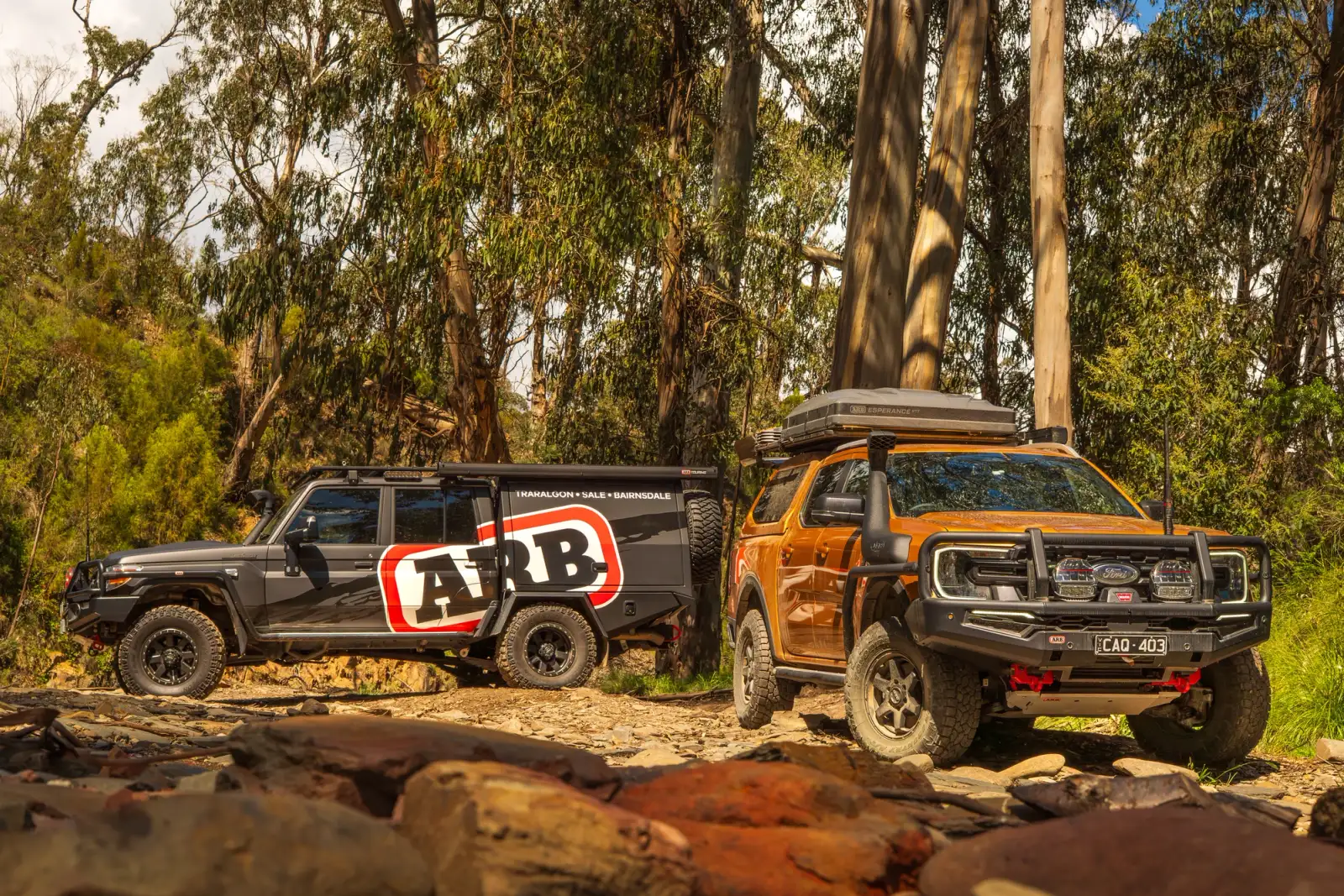 2 4WDs in a forest. One is ARB branded