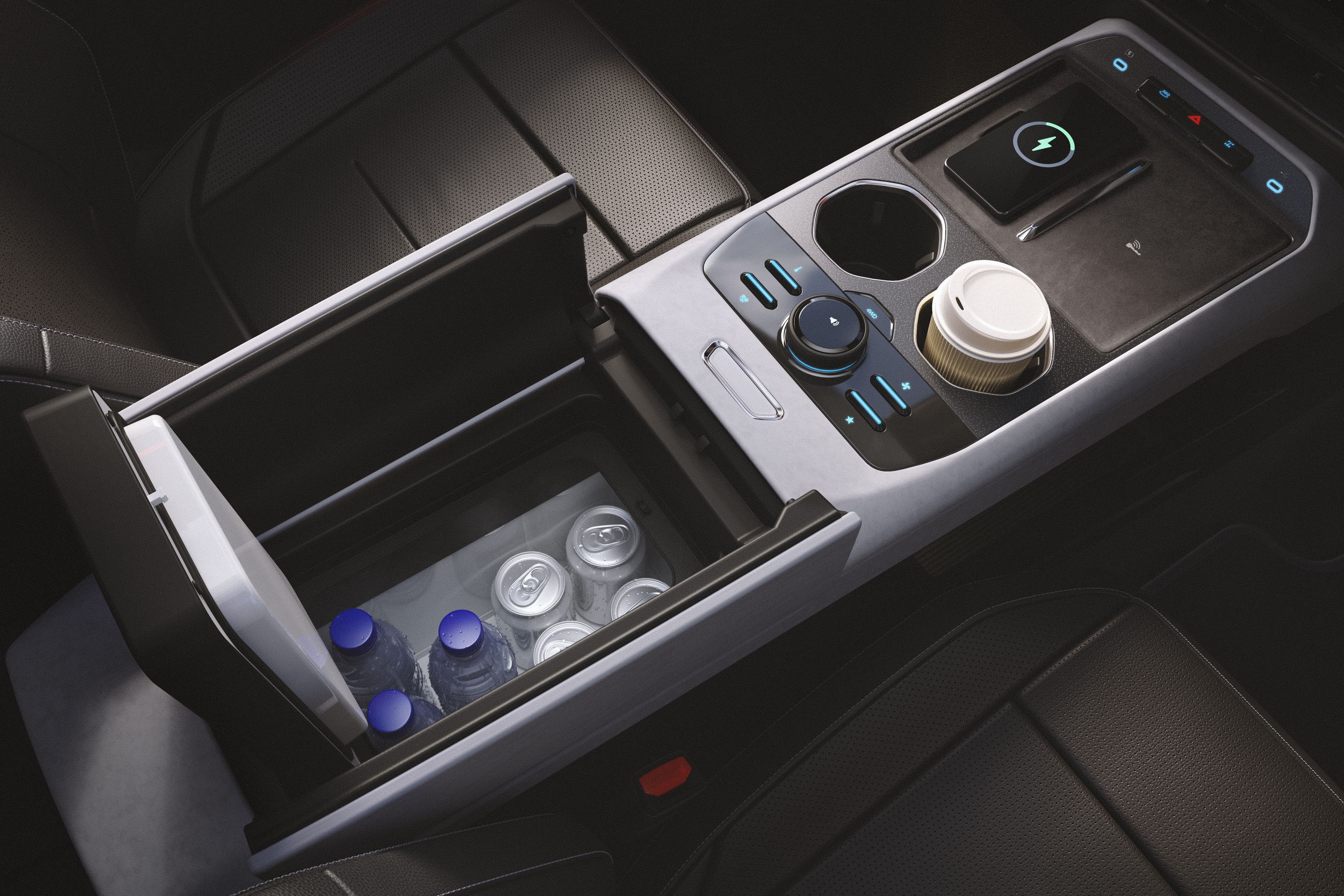 The centre console of a 2027 Ford Bronco Basecamp with drinks in the cooler