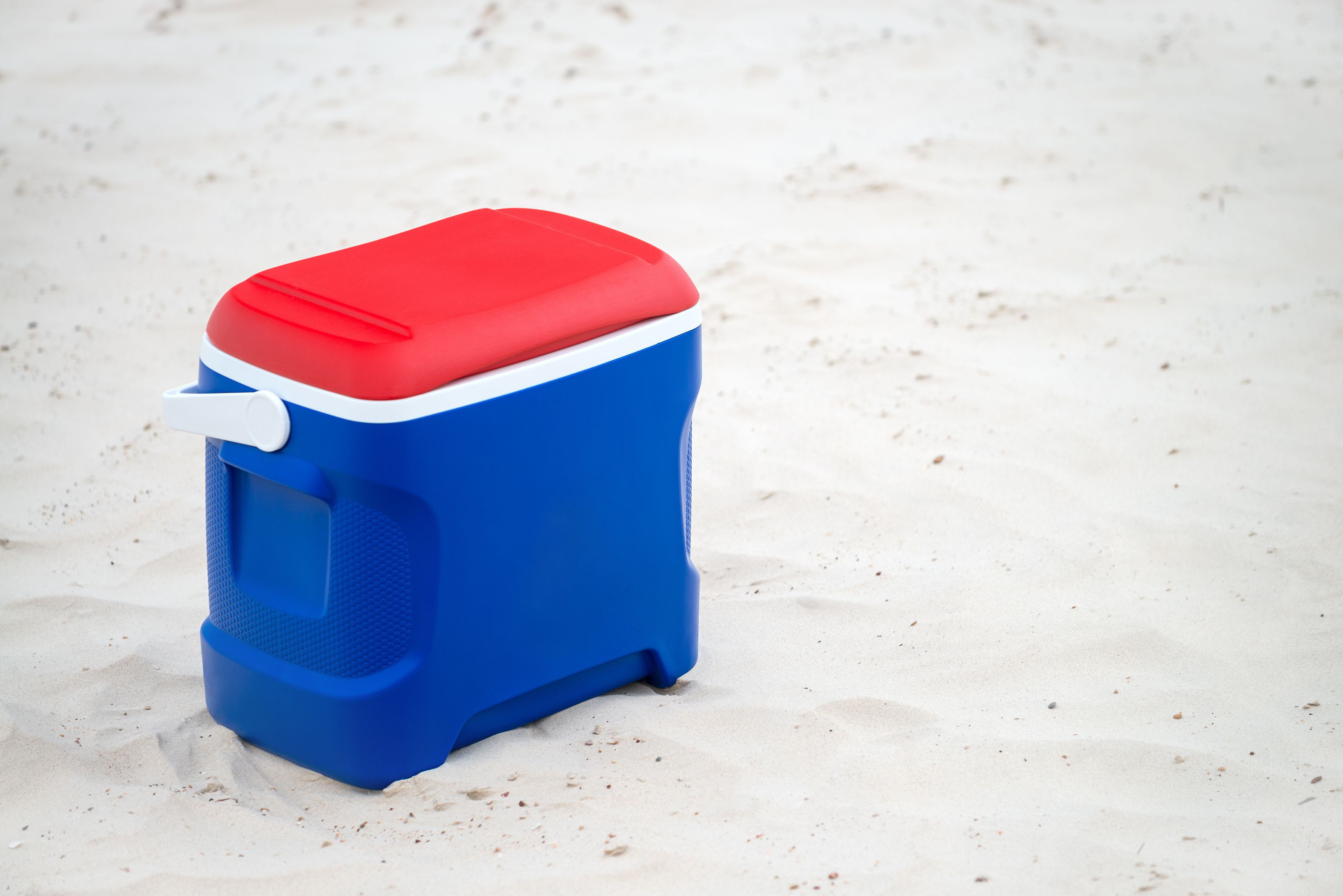 red and blue esky on a beach