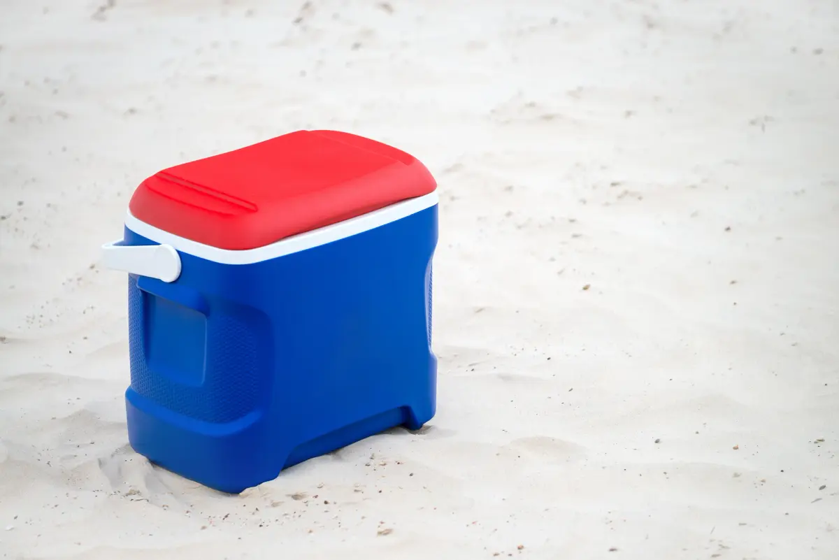 red and blue esky on a beach