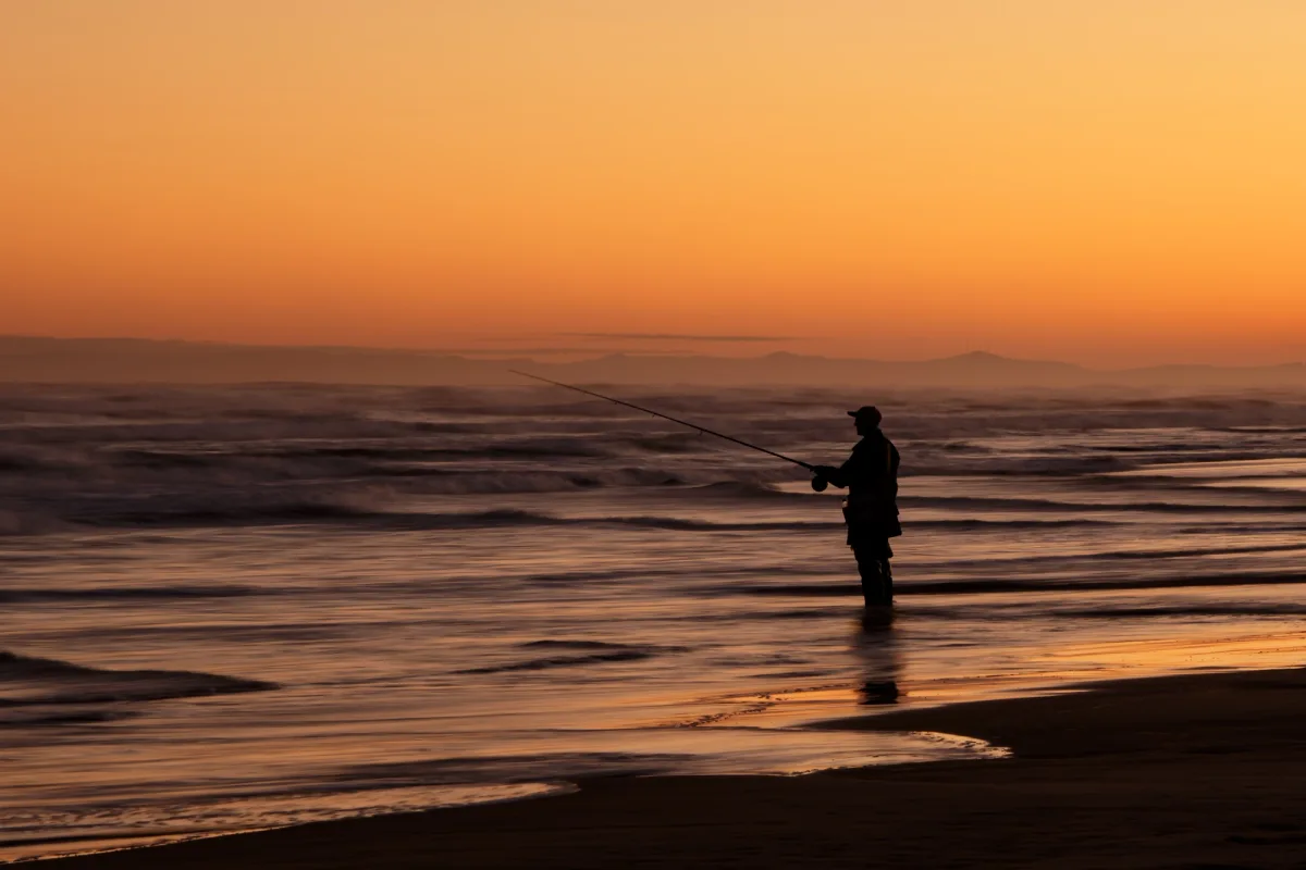 Person fishing during sunset on Stockton Beach