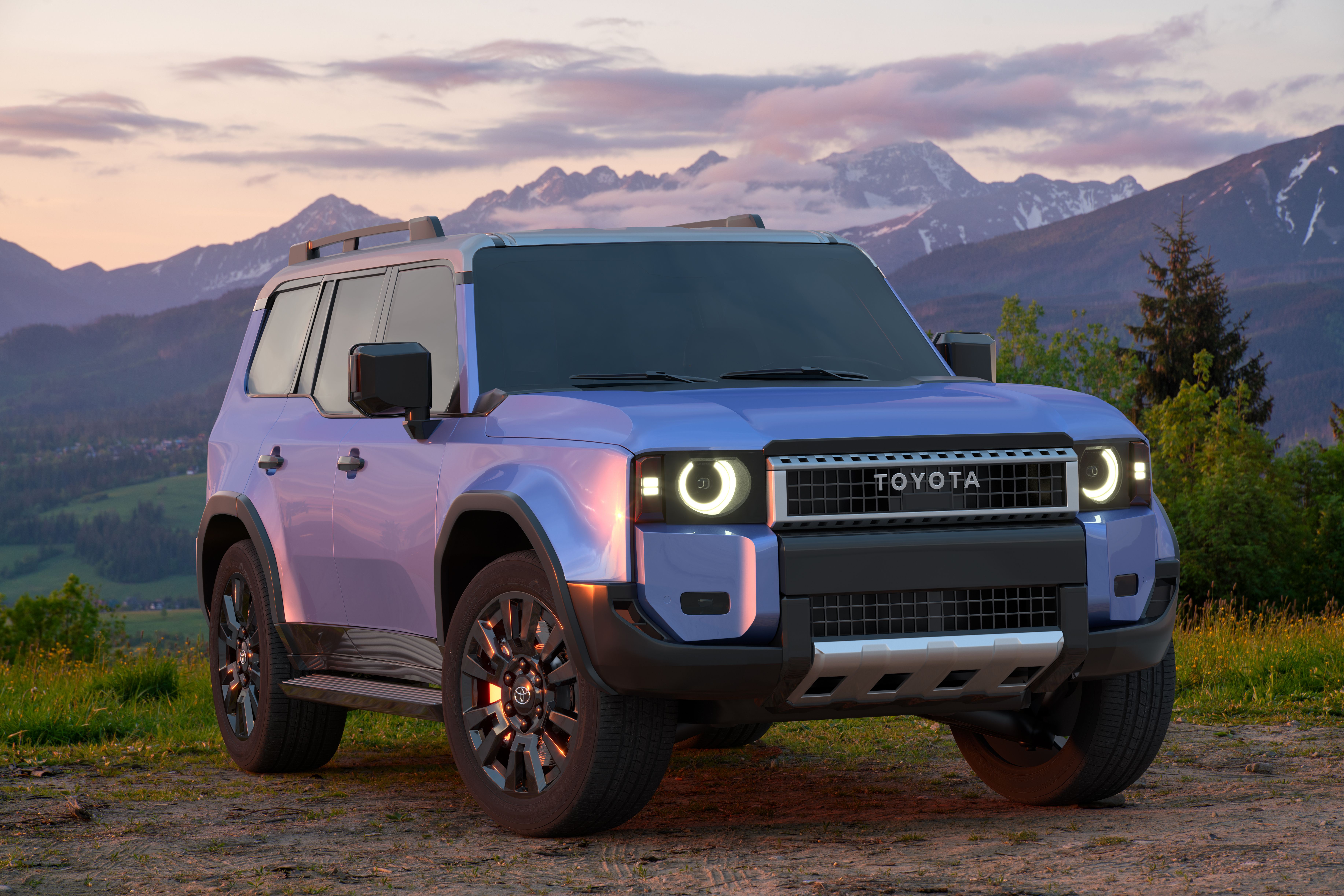 A blue 2025 Toyota LandCruiser Prado in the mountains