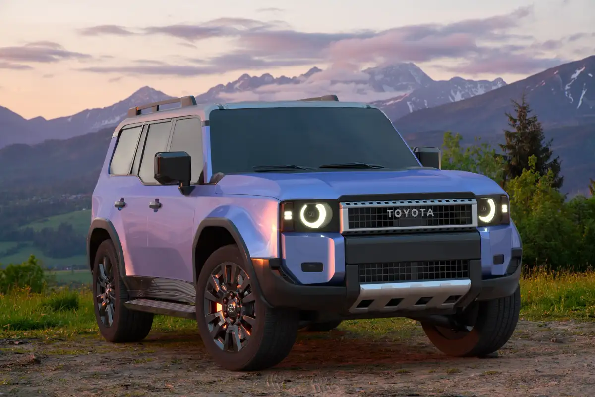 A blue 2025 Toyota LandCruiser Prado in the mountains