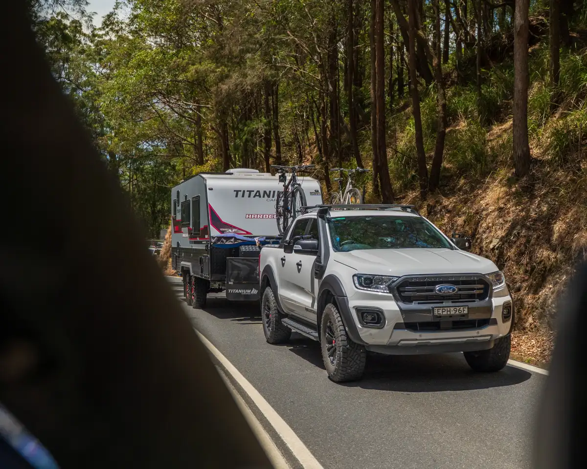 A Ford Ranger 4X4 towing a caravan