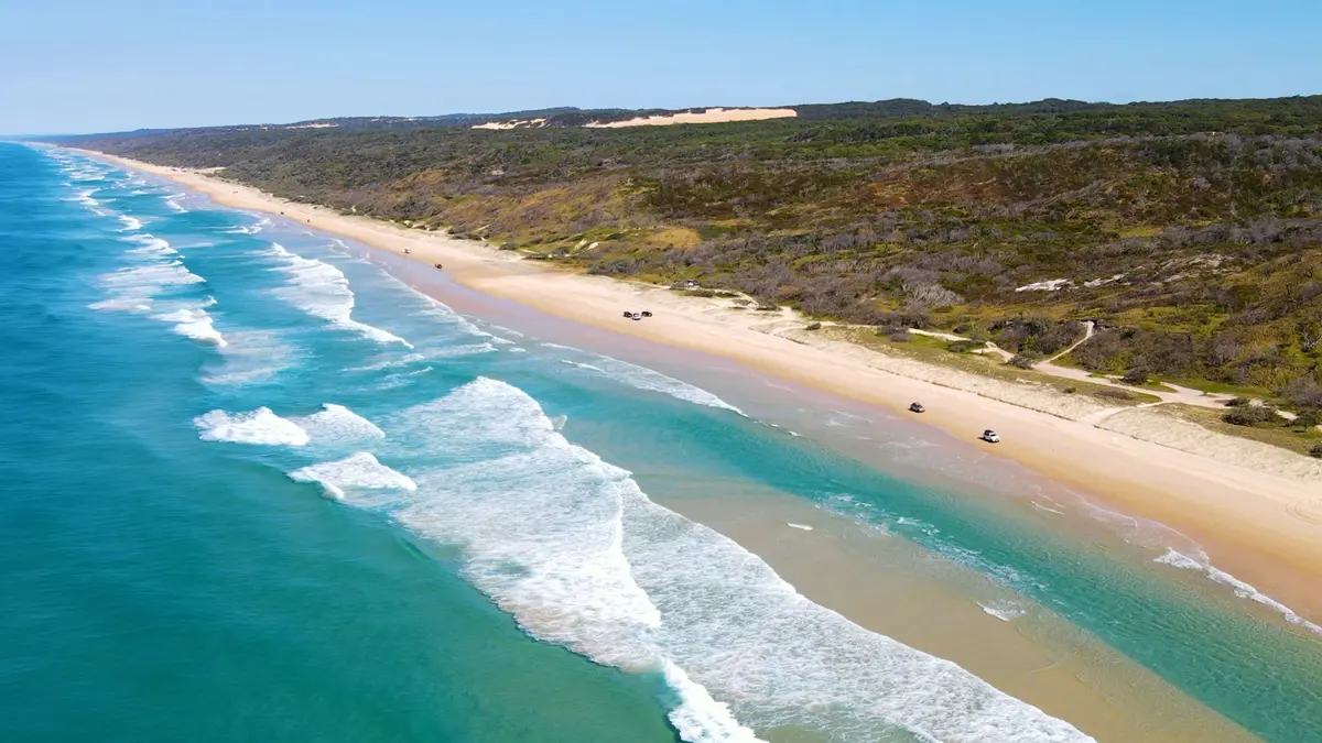 fraser island drone shot 4wd beach driving