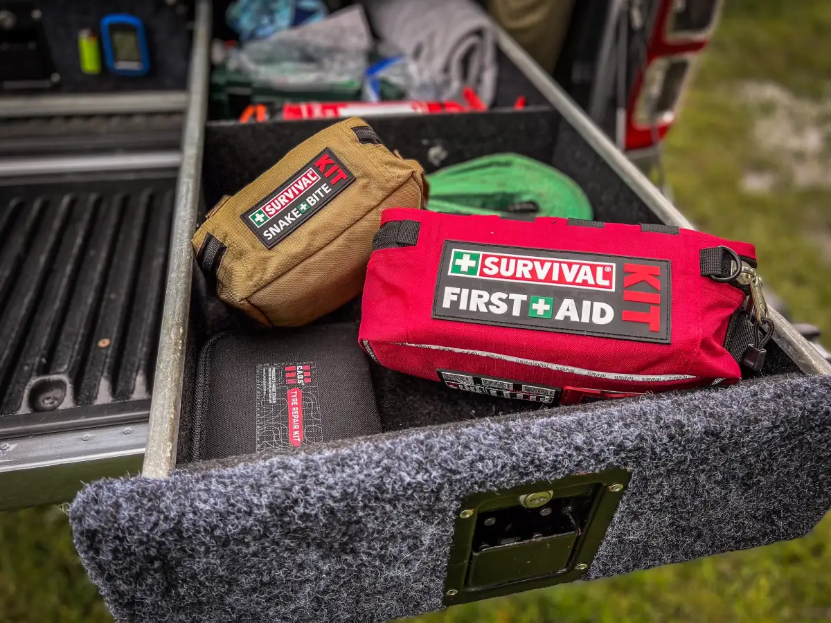 First aid and snake bite kit in 4WD's drawers