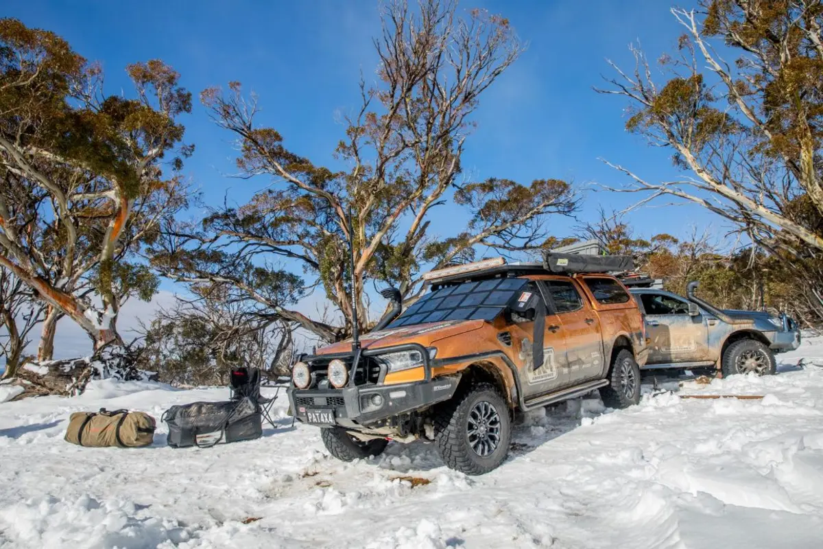 Pat Callinan's 4X4 Ford Ranger with camping gear in the snow