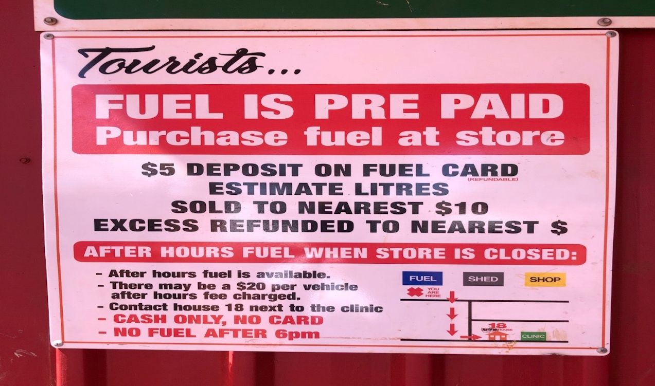 A sign at a rural service station in Australia