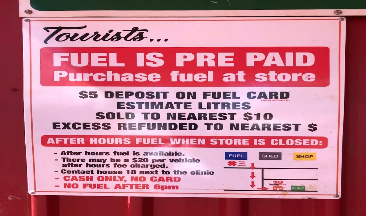 A sign at a rural service station in Australia