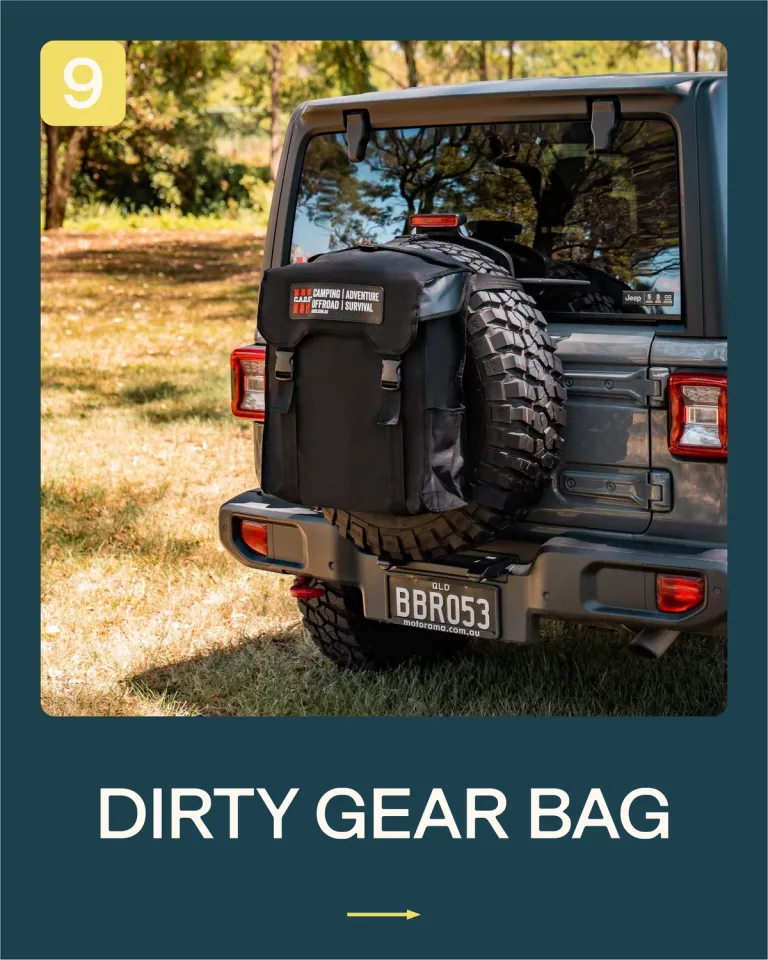 A dirty gear bag hanging on a 4wd's spare tyre