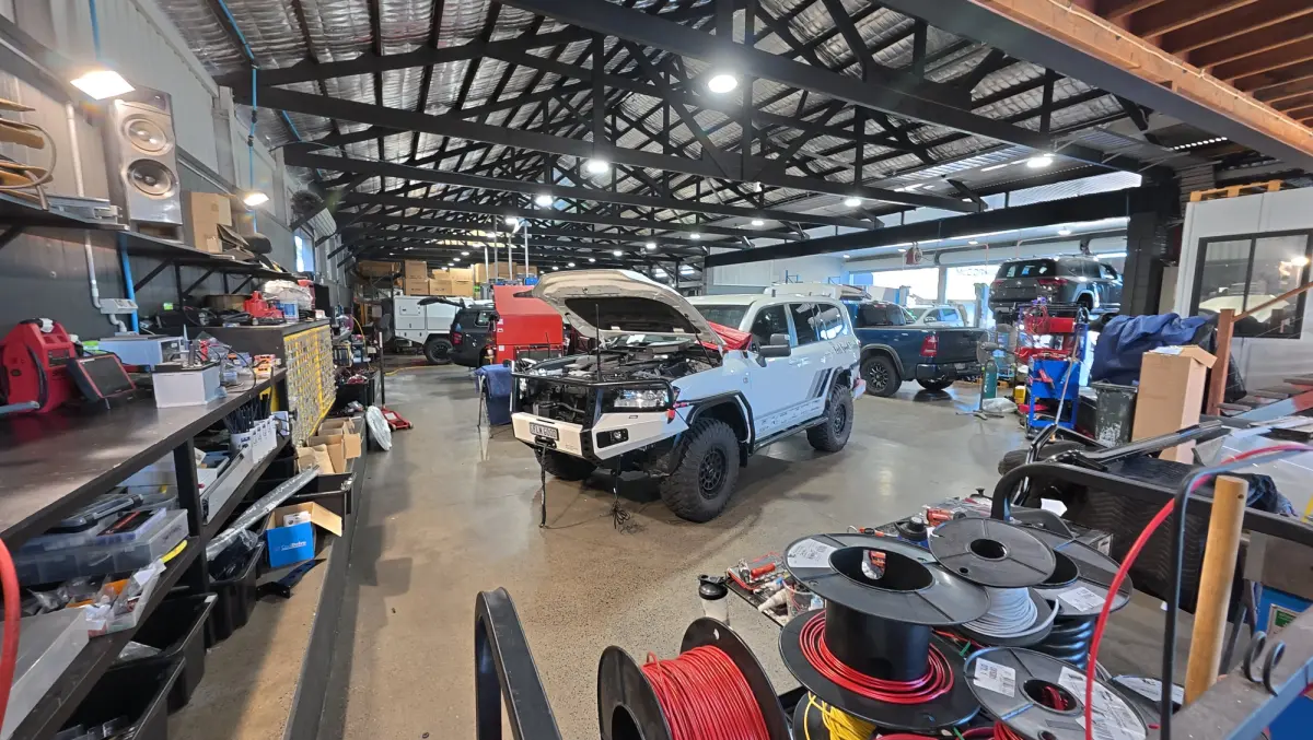 4wd being worked on in a workshop