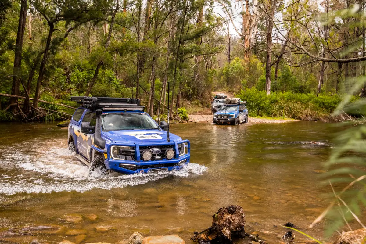 a convoy of 4wd driving through a river crossing in a forest