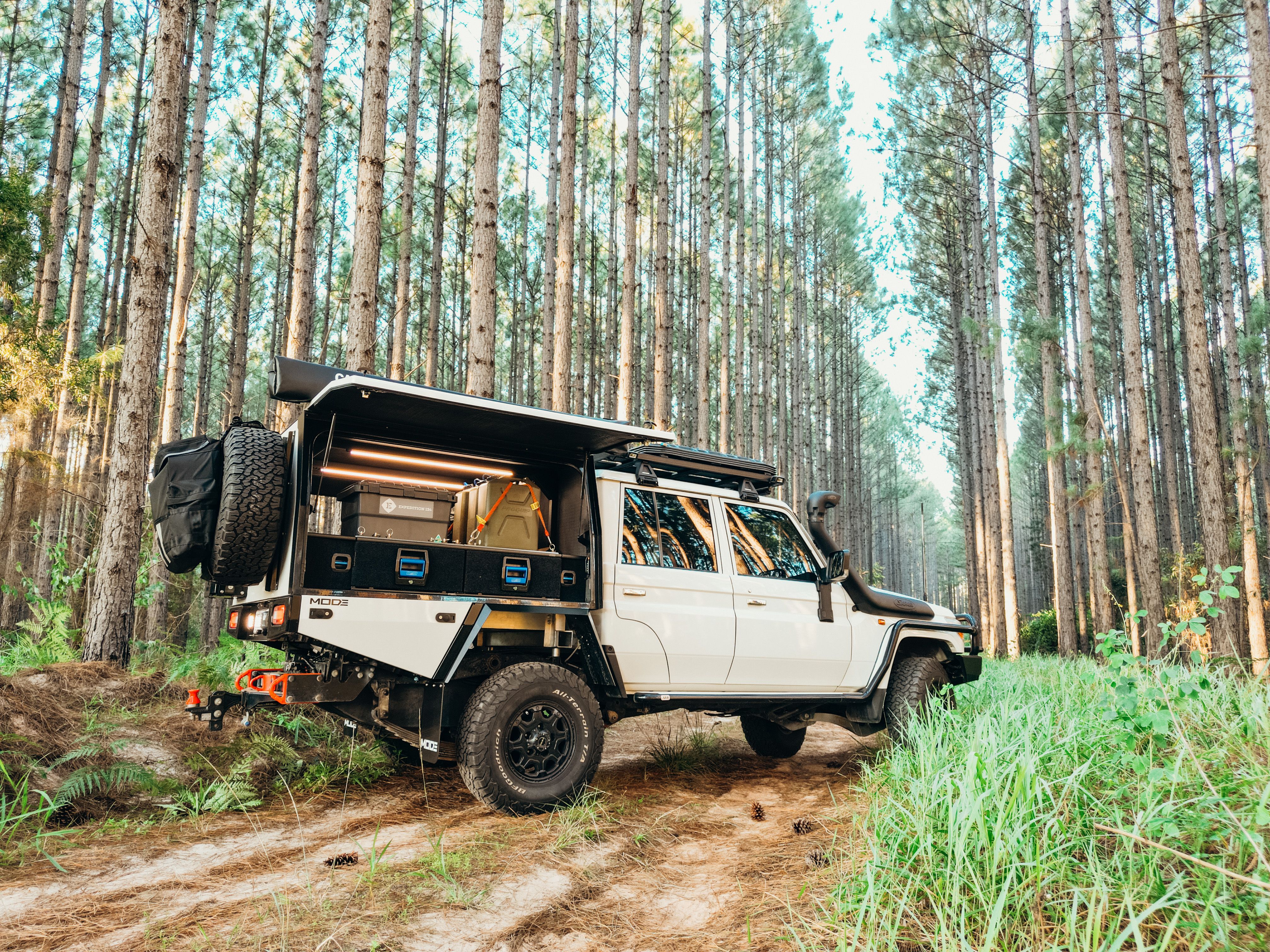 An open canopy on a Toyota LandCruiser in a forest