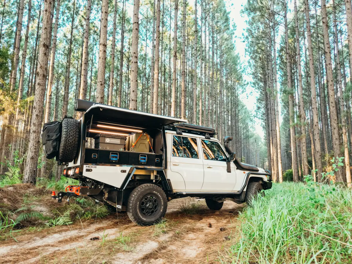 An open canopy on a Toyota LandCruiser in a forest