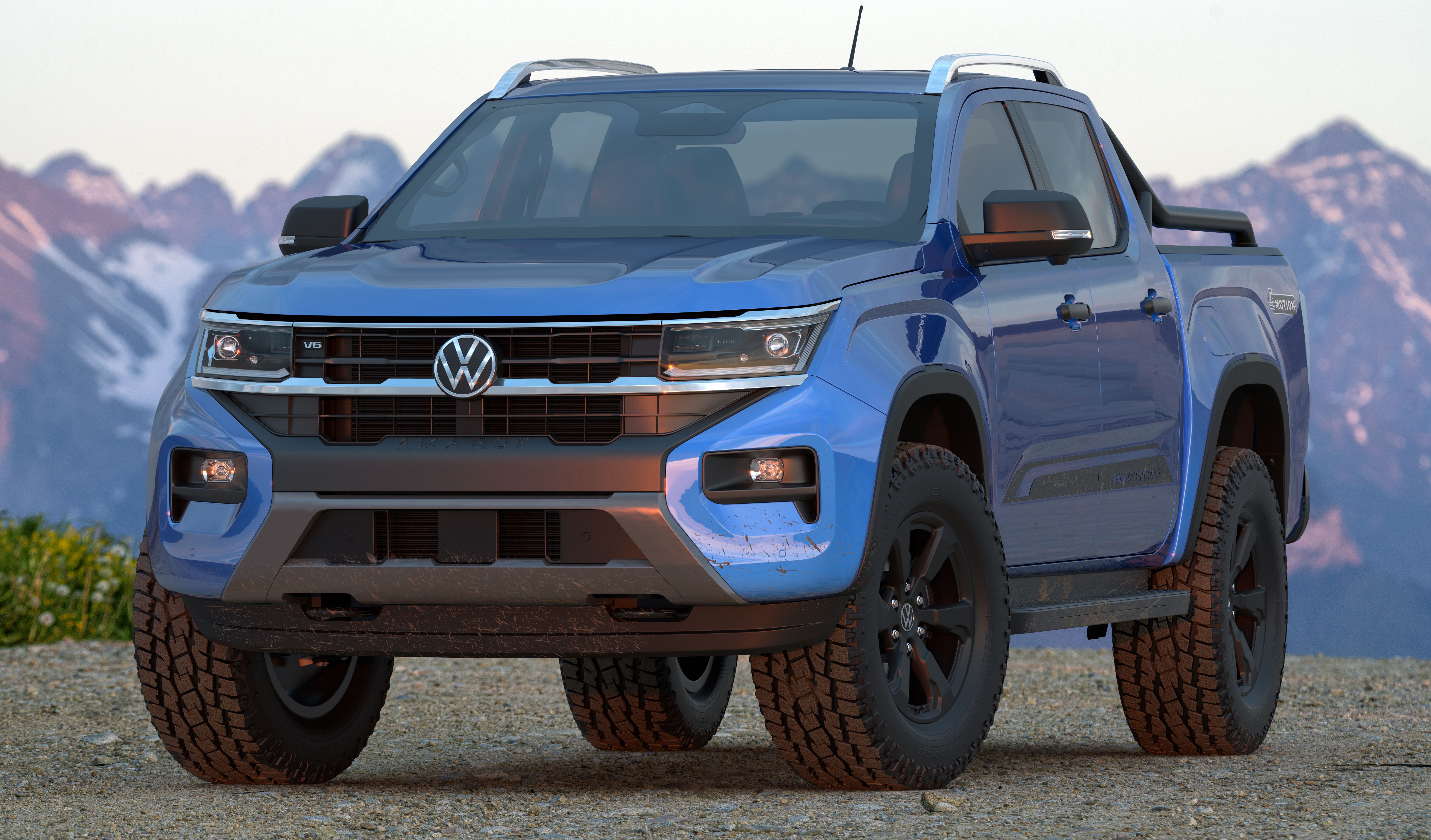 A blue Volkswagen Amarok posed in front of mountains