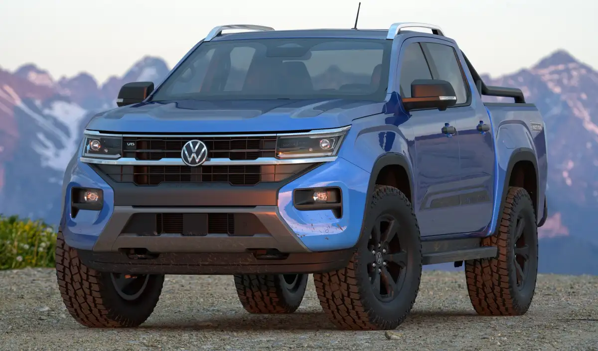 A blue Volkswagen Amarok posed in front of mountains