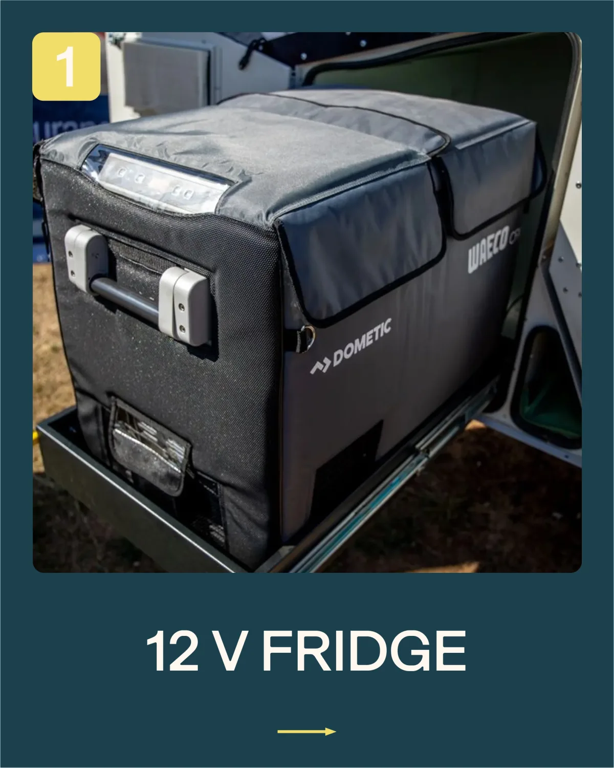 A 12V fridge on a pull-out slide in the boot of a car
