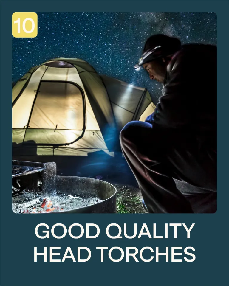 a man with a head torch camping at night