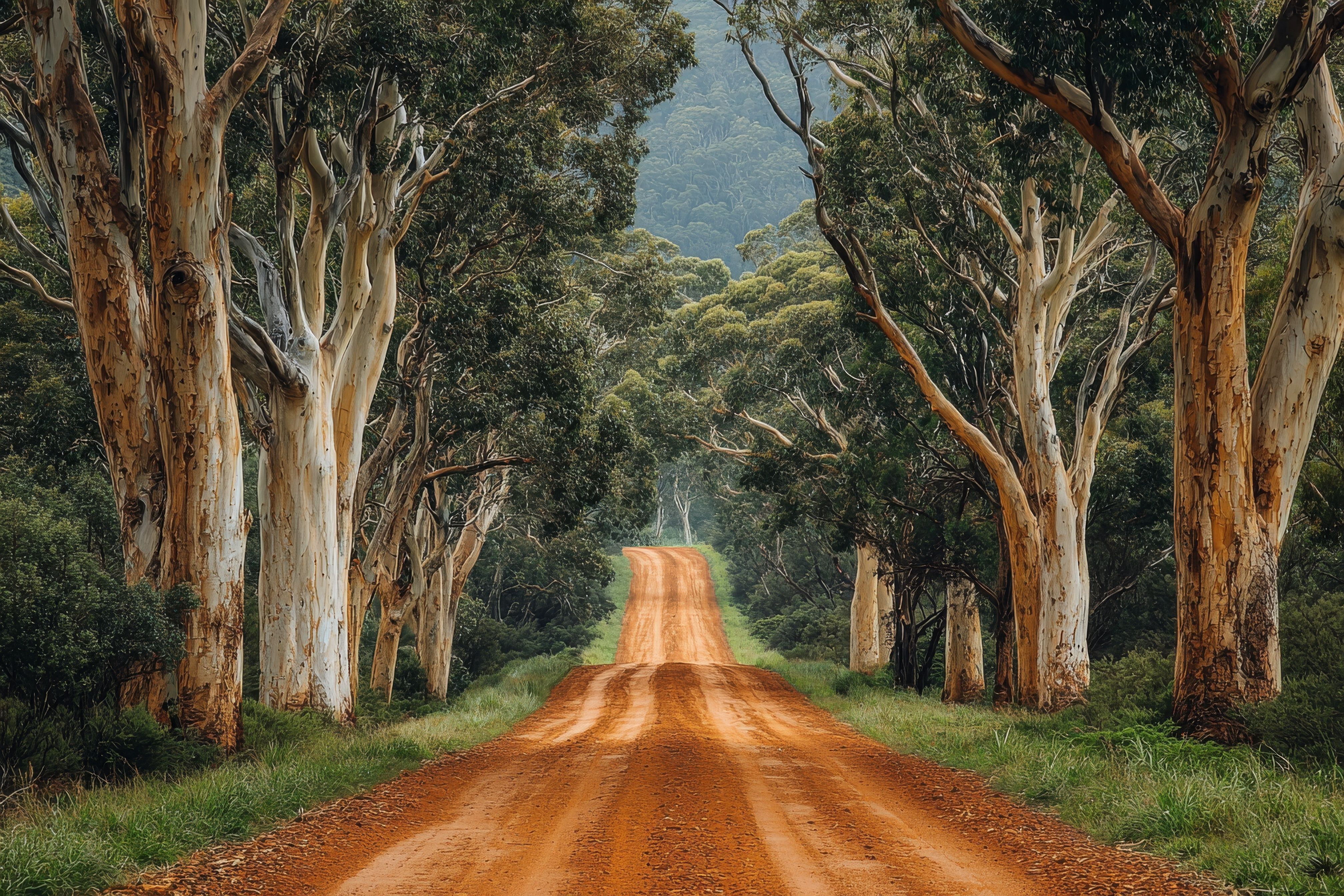 a red dirt track through a eucalypt forest