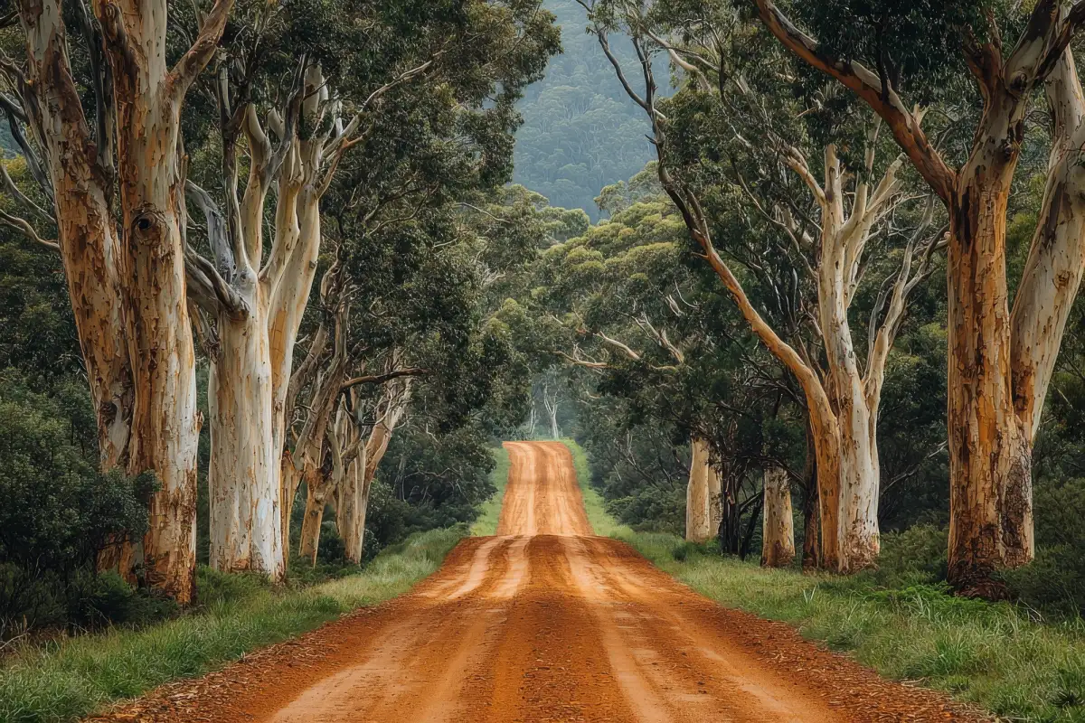 a red dirt track through a eucalypt forest