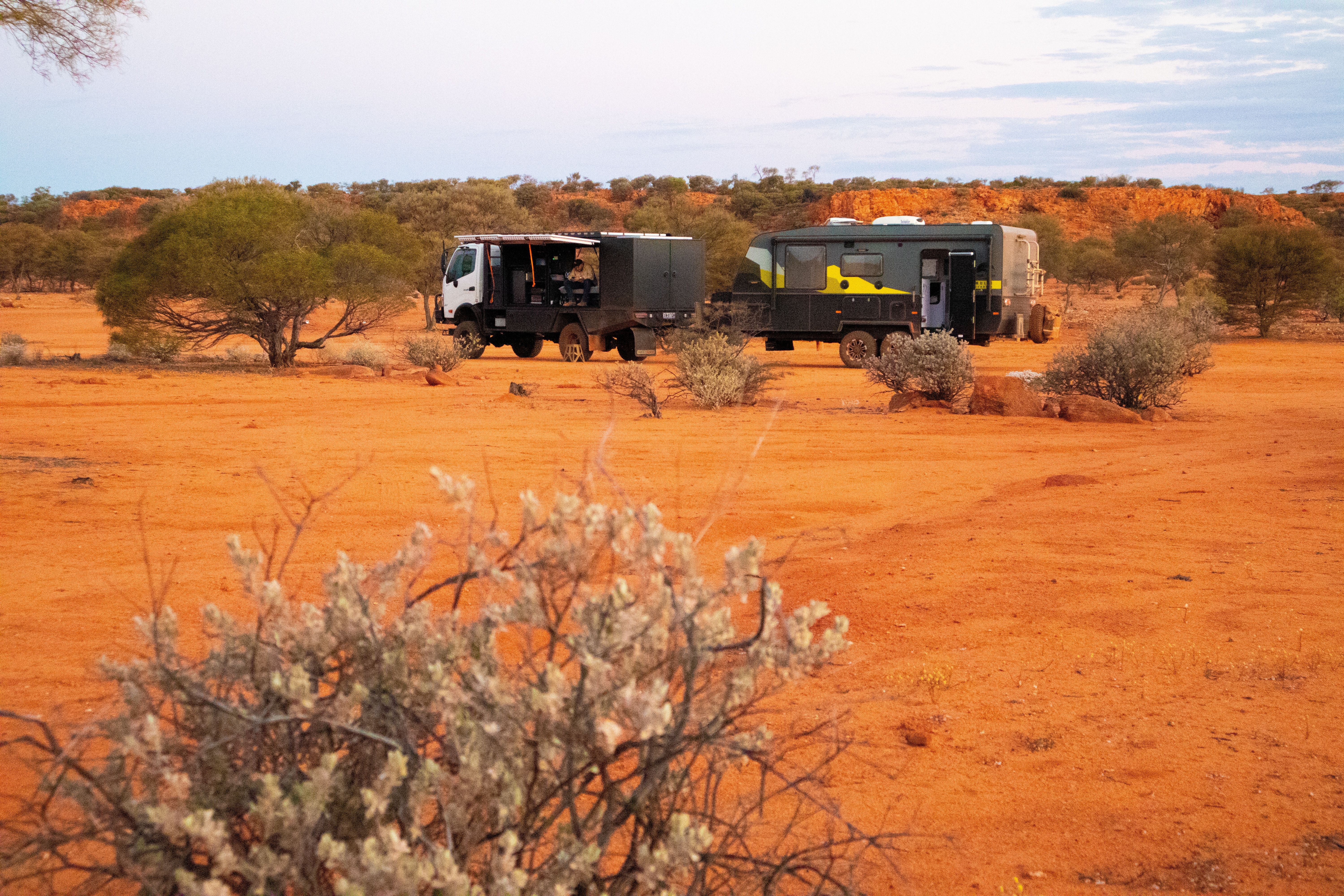 4x4 and caravan pictured in the outback with shrubbery