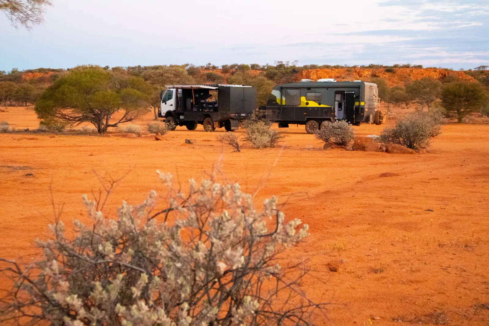 4x4 and caravan pictured in the outback with shrubbery
