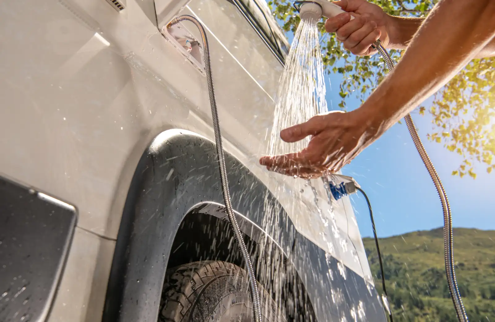 An outdoor shower on a motorhome