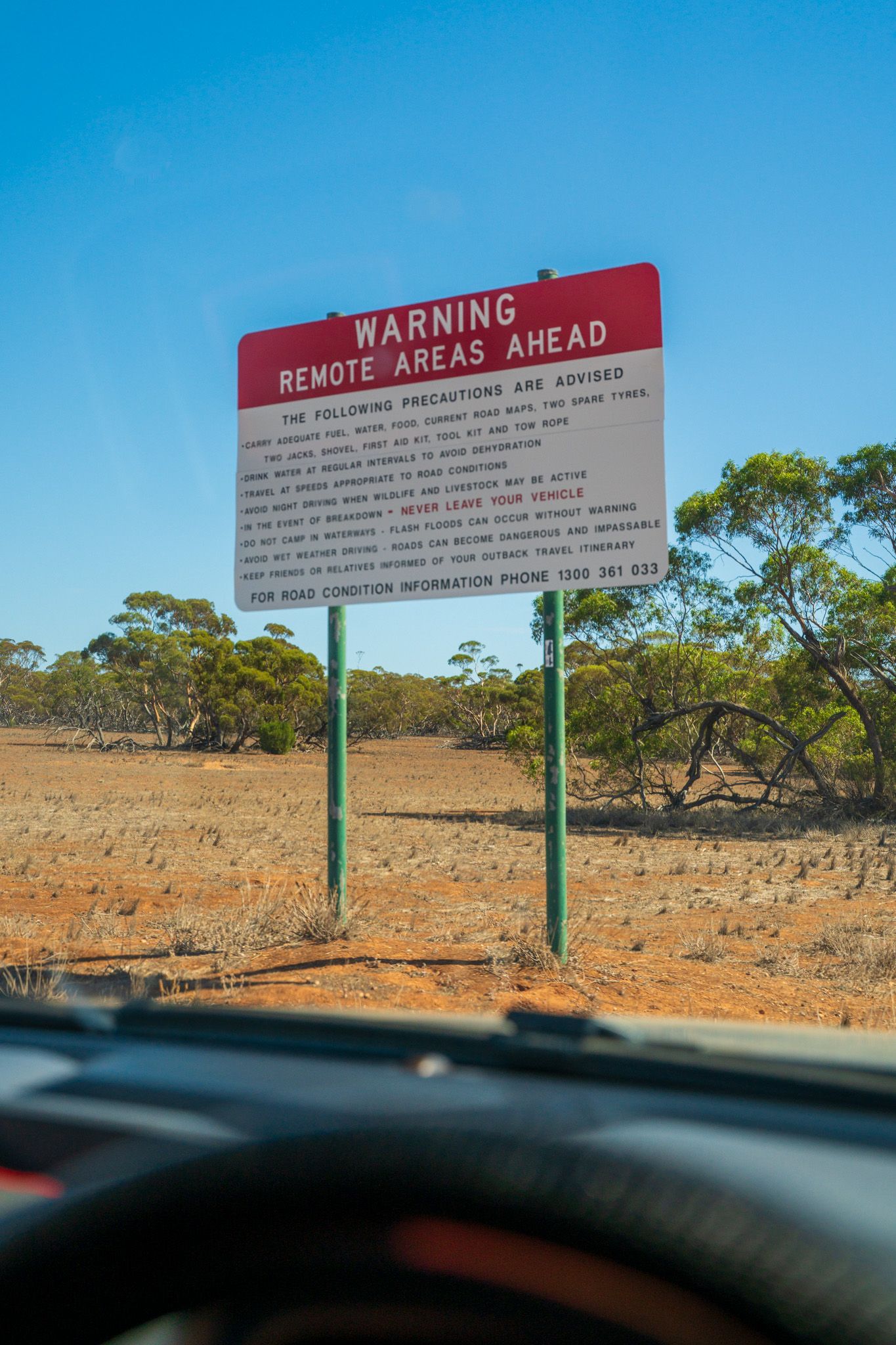A road sign in remote Outback Australia with a warning