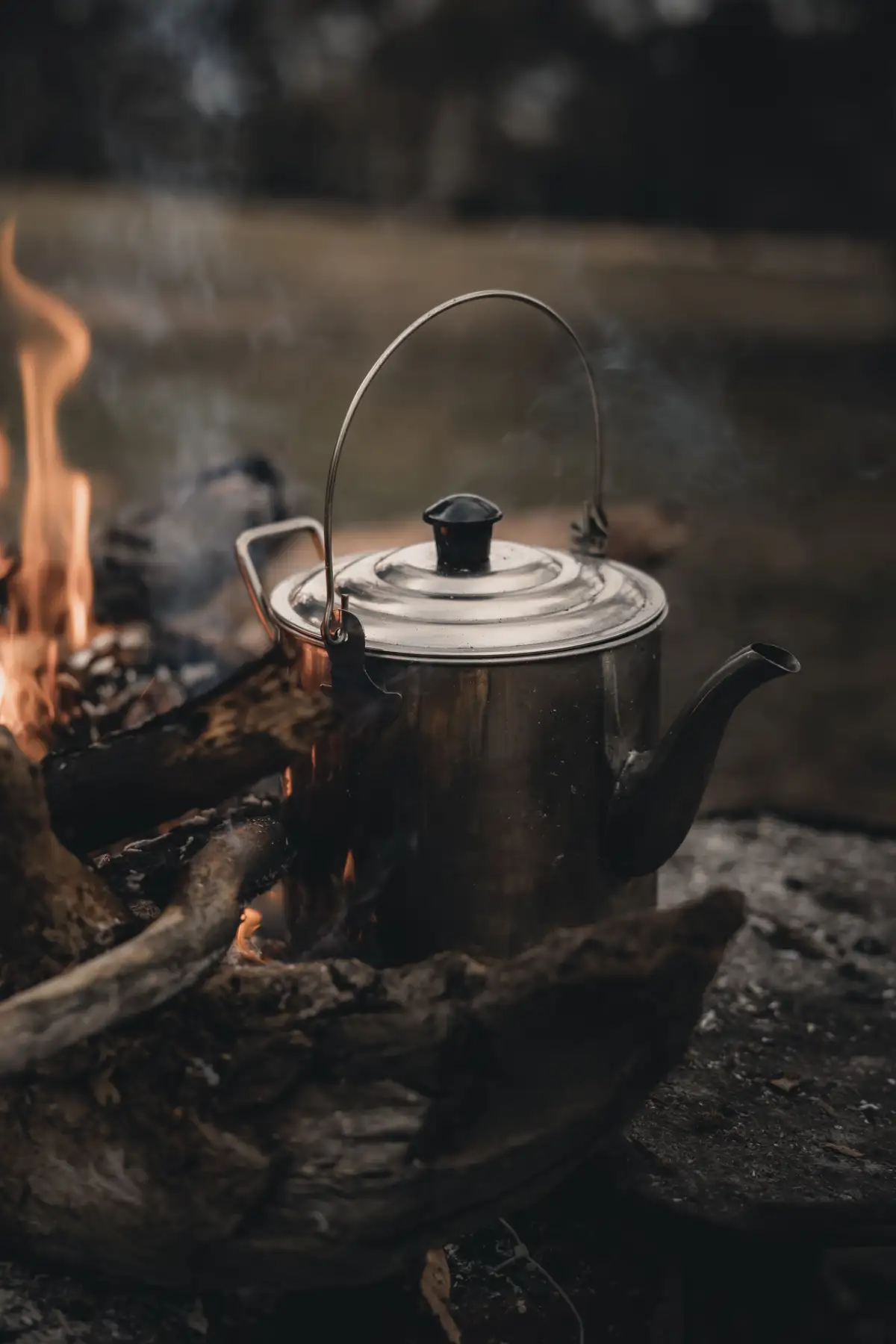 A kettle over a campfire