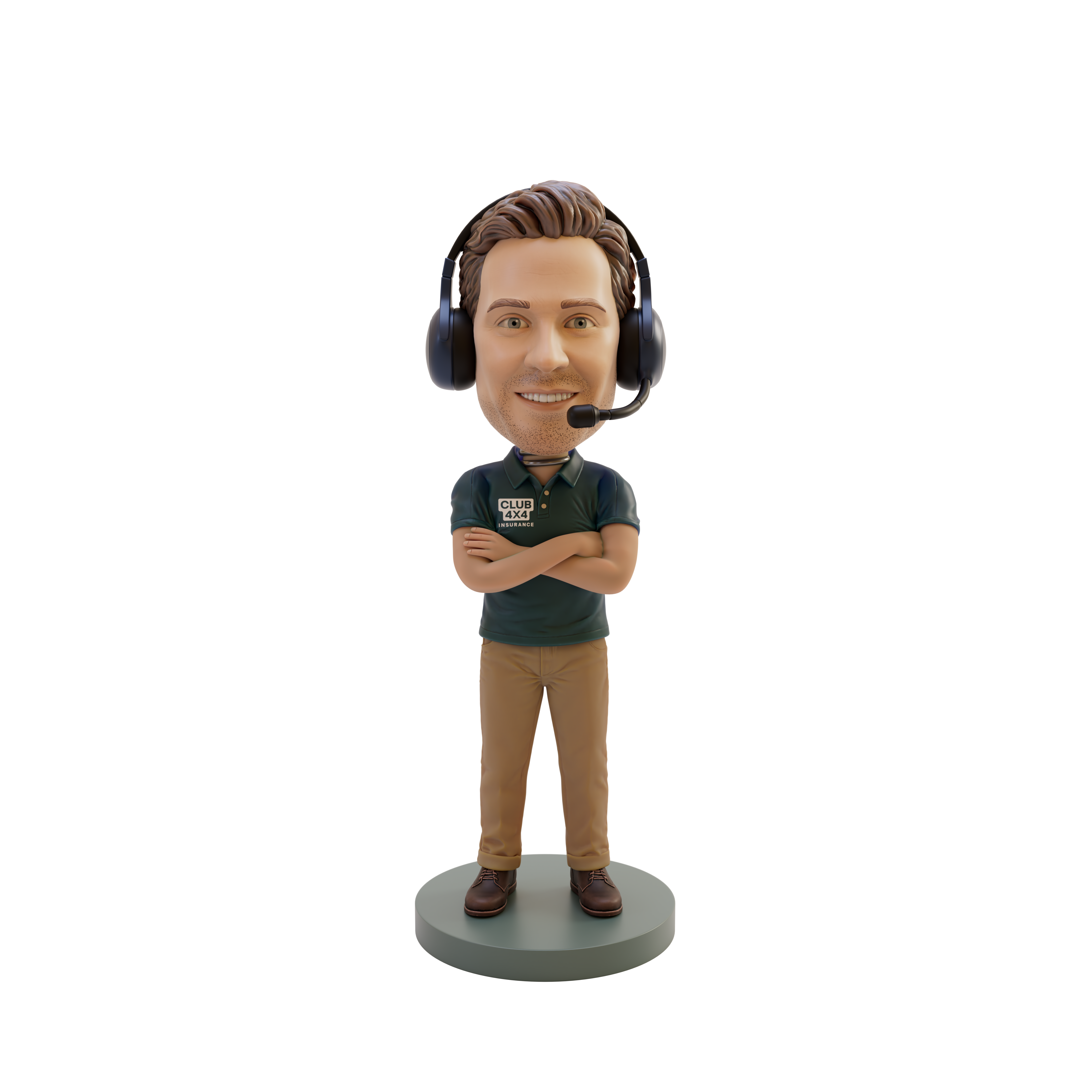 A bobblehead with a Club 4X4 Insurance branded polo and headset with his arms crossed