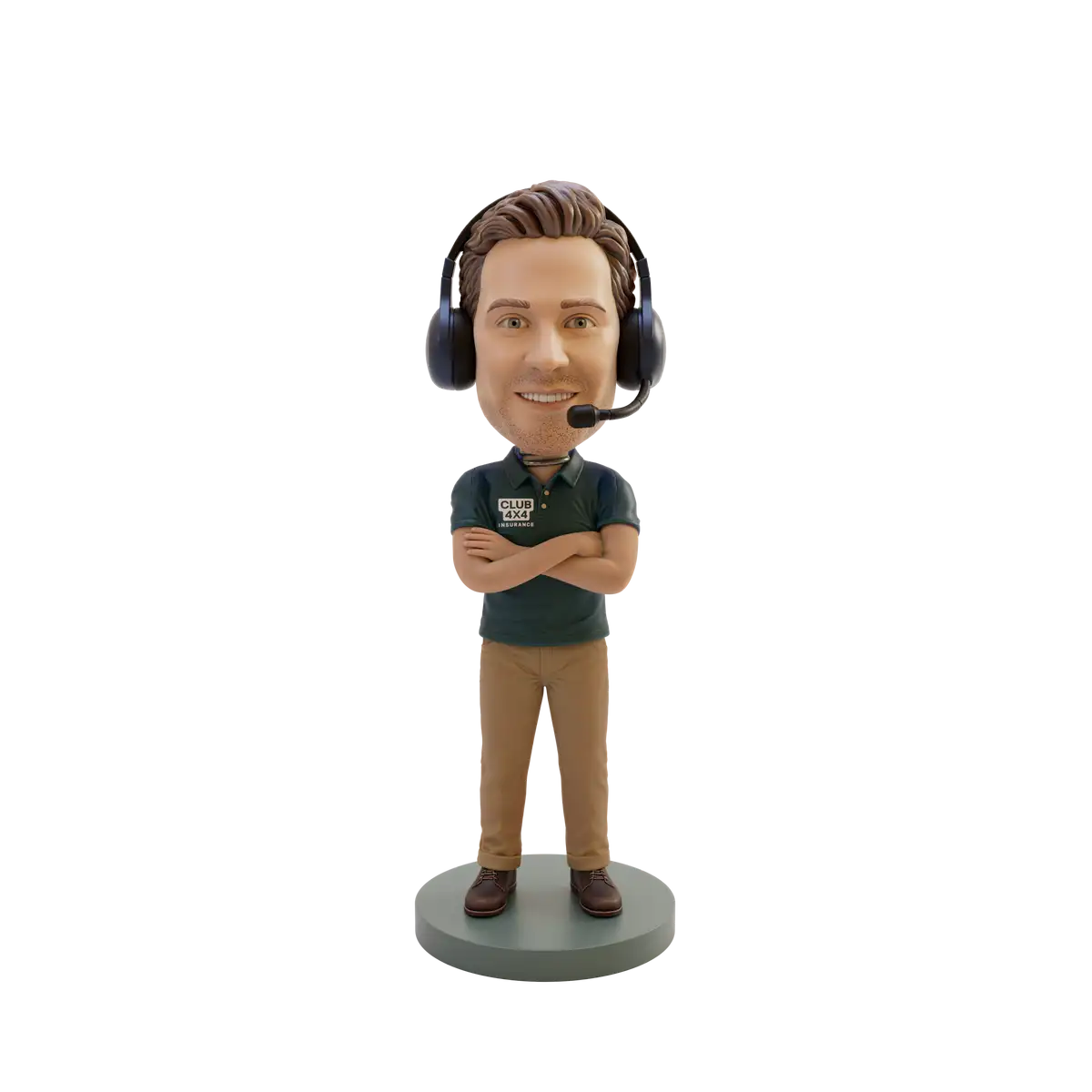 A bobblehead with a Club 4X4 Insurance branded polo and headset with his arms crossed