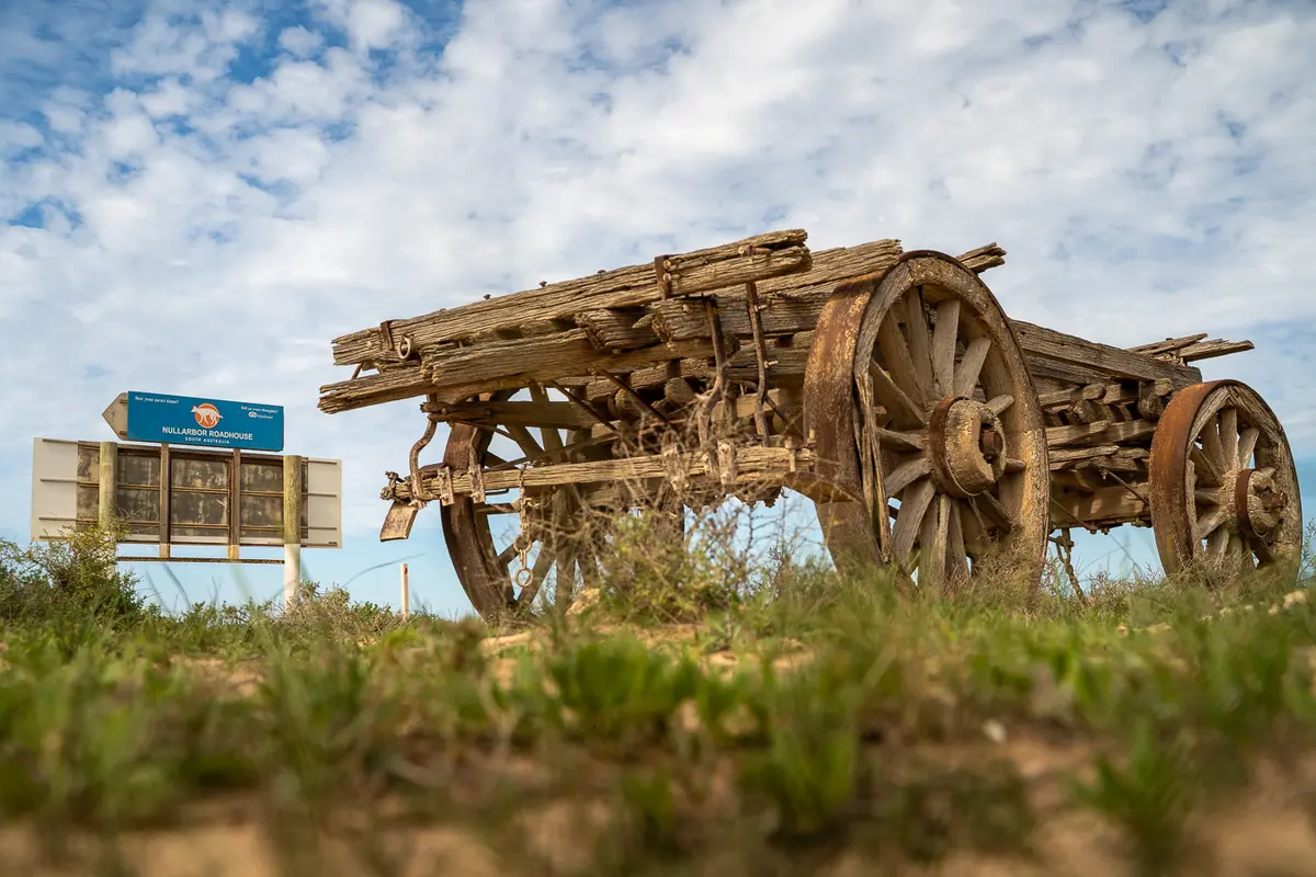 An old wooden wagon at the Nullarbor Roadhouse