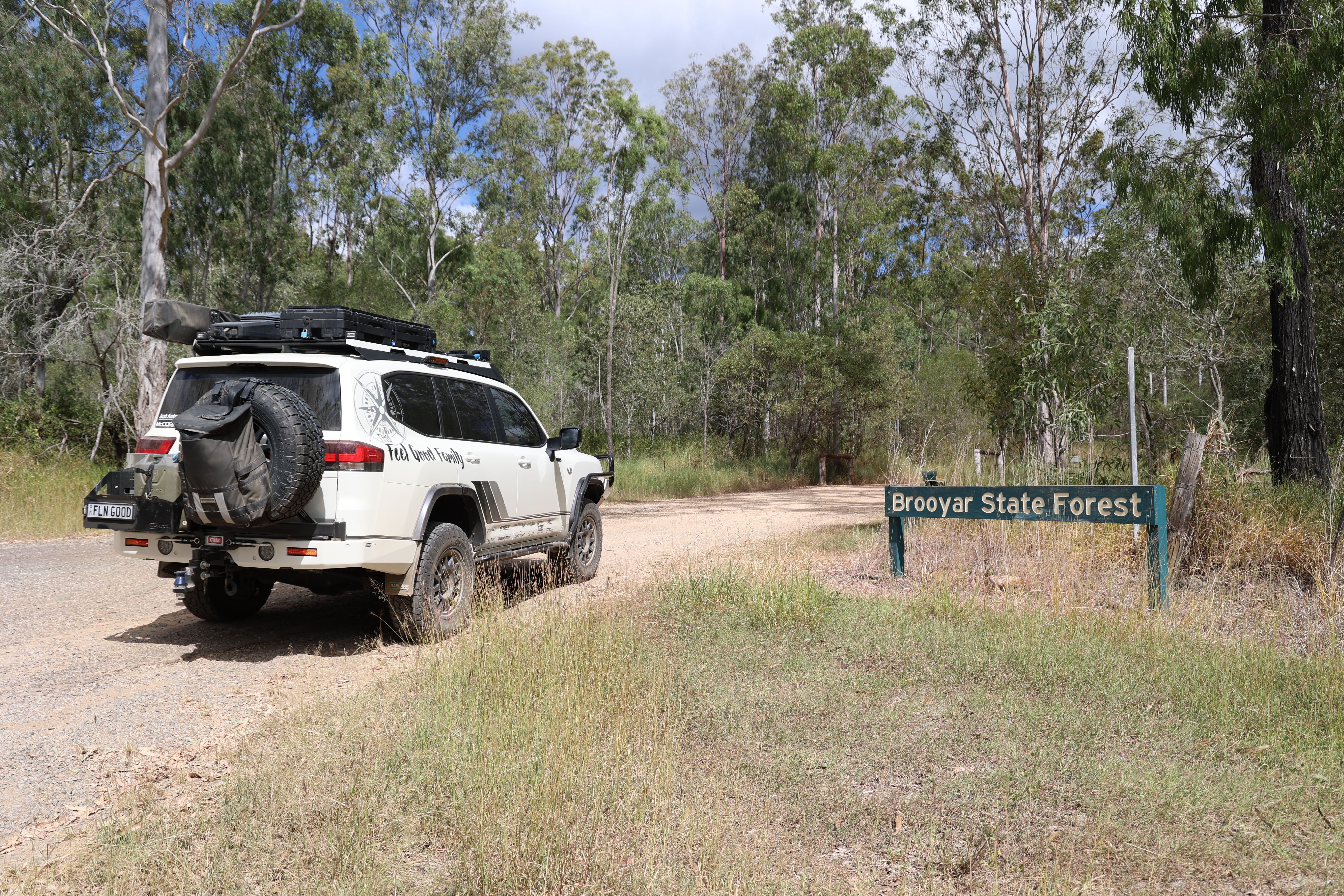 Toyota LandCruiser 300 Series at entrance to Brooyar State Forest