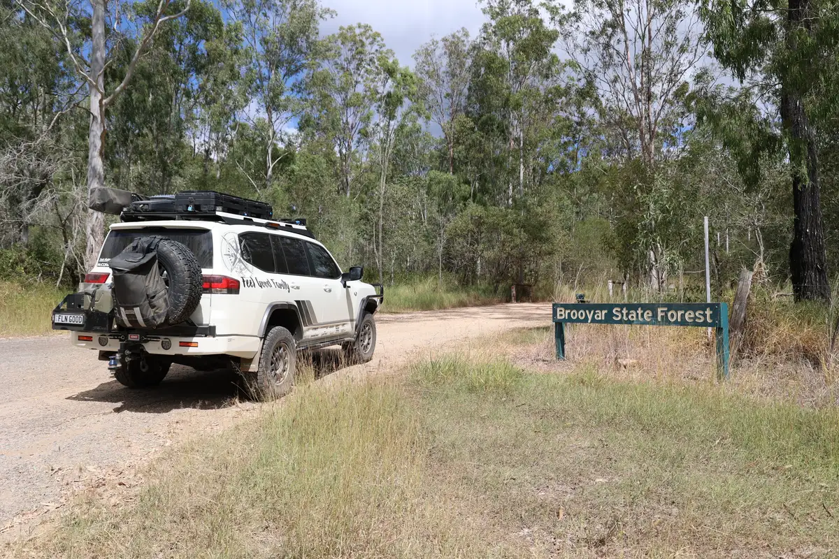 Toyota LandCruiser 300 Series at entrance to Brooyar State Forest