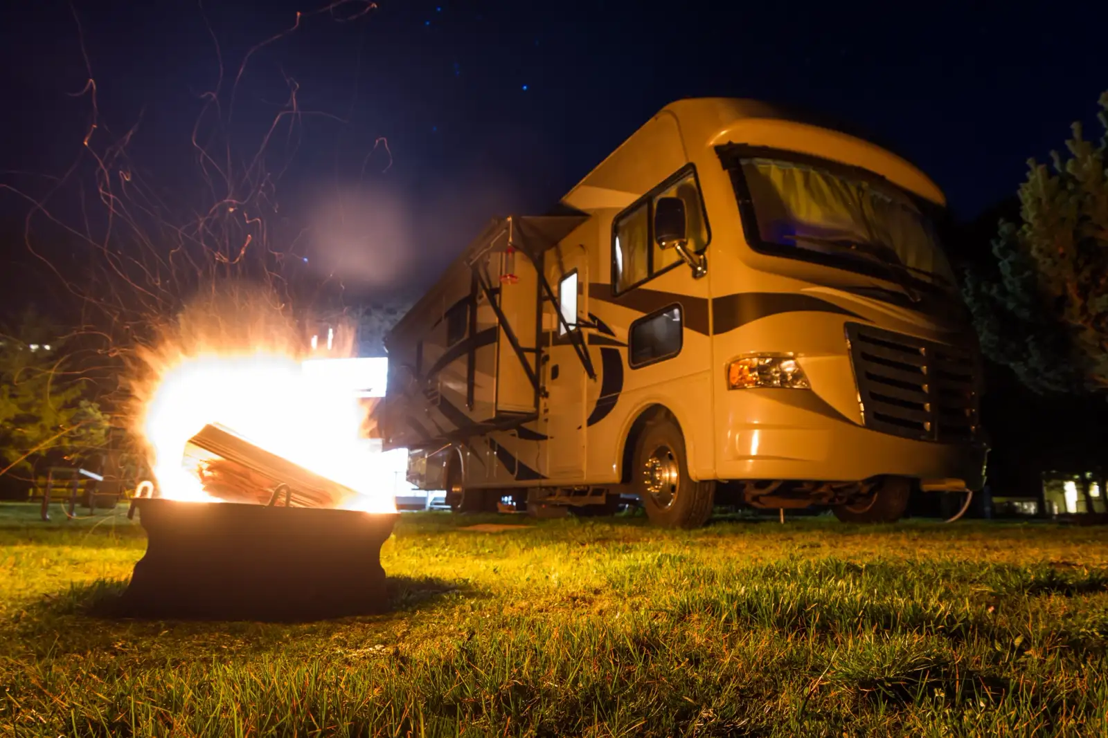 A luxury RV by a fireplace