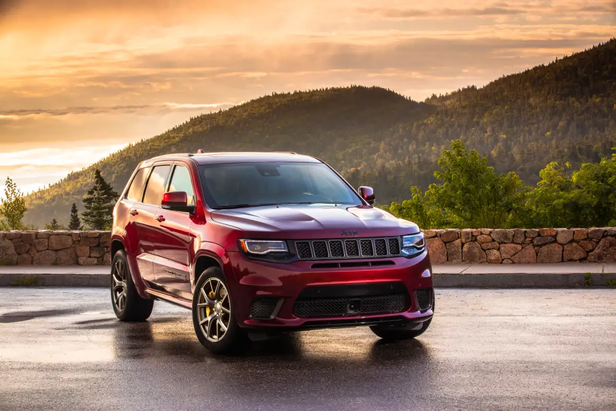 A red Jeep Grand Cherokee Trackhawk