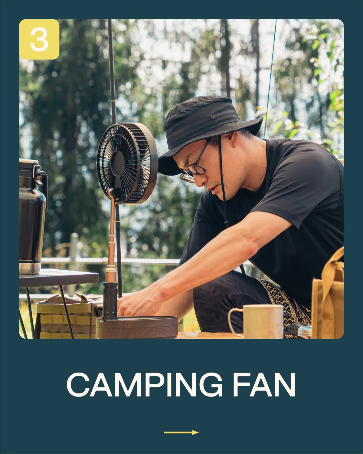 a man camping and operating a small electric fan