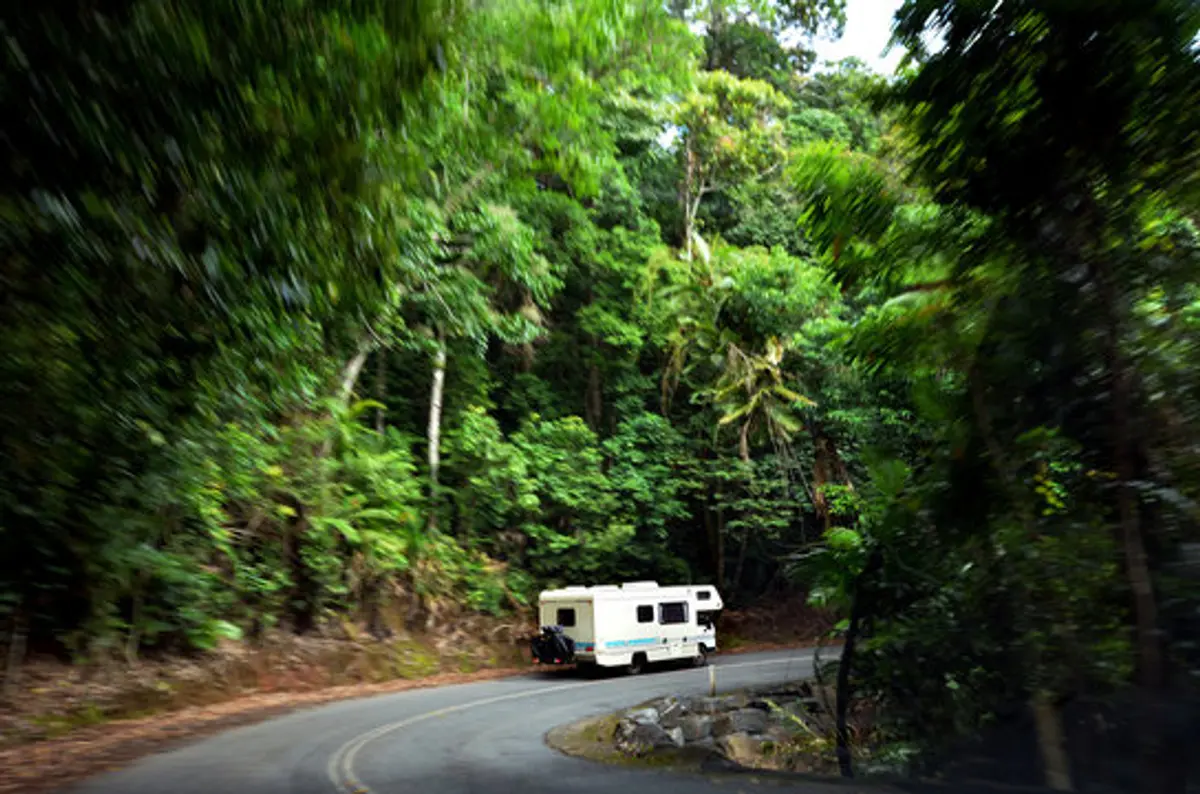 motorhome driving through rainforest