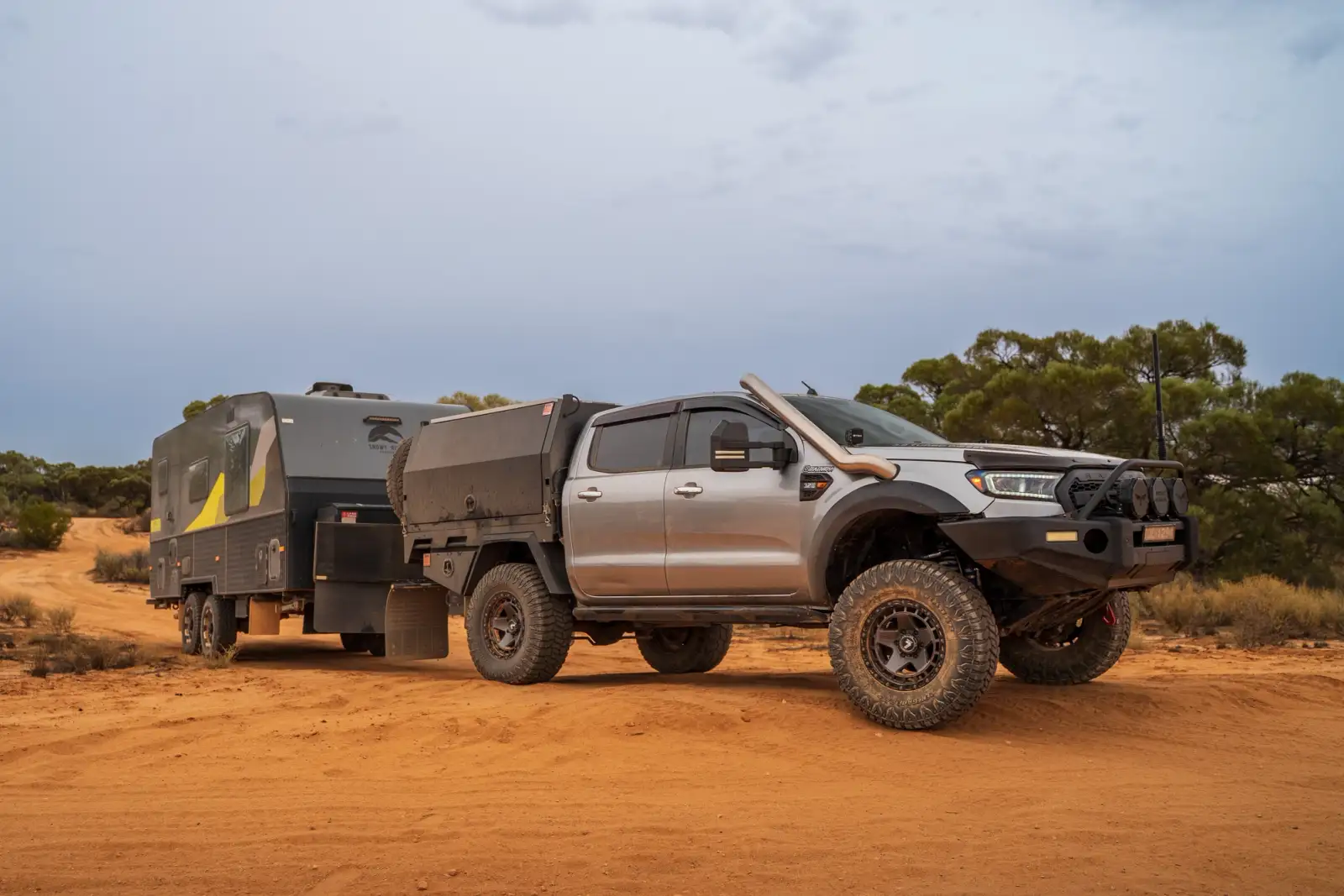Ford Ranger 4X4 towing a caravan in the Outback