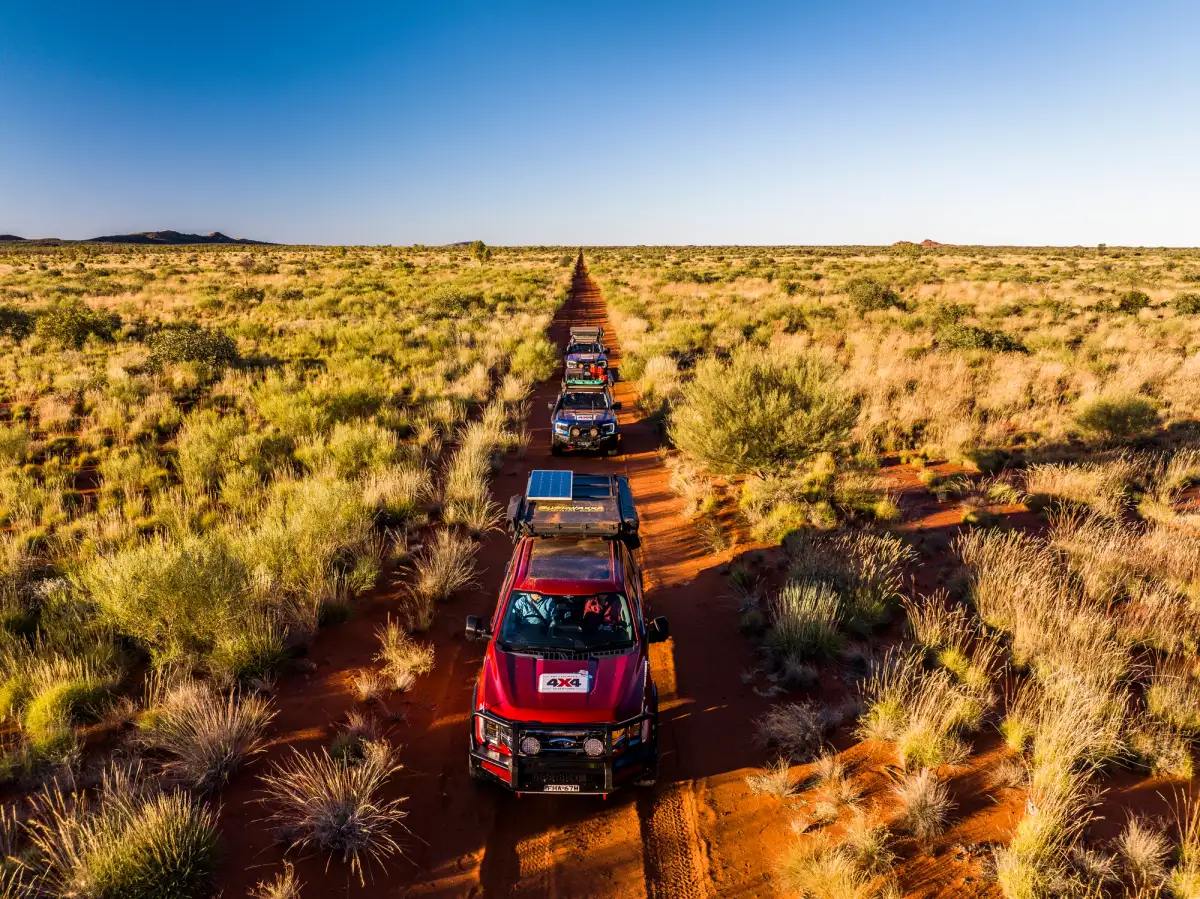 convoy of ford 4x4s driving through a desert with small grasses