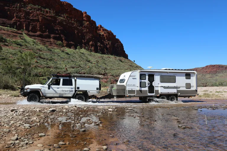 finke river water crossing in a caravan