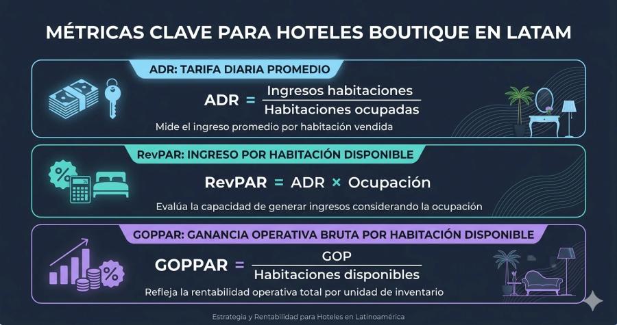 Infografía con las fórmulas del ADR (ingresos por habitaciones entre habitaciones ocupadas), el RevPAR (ADR por ocupación) y el GOPPAR (beneficio operativo bruto entre habitaciones disponibles).