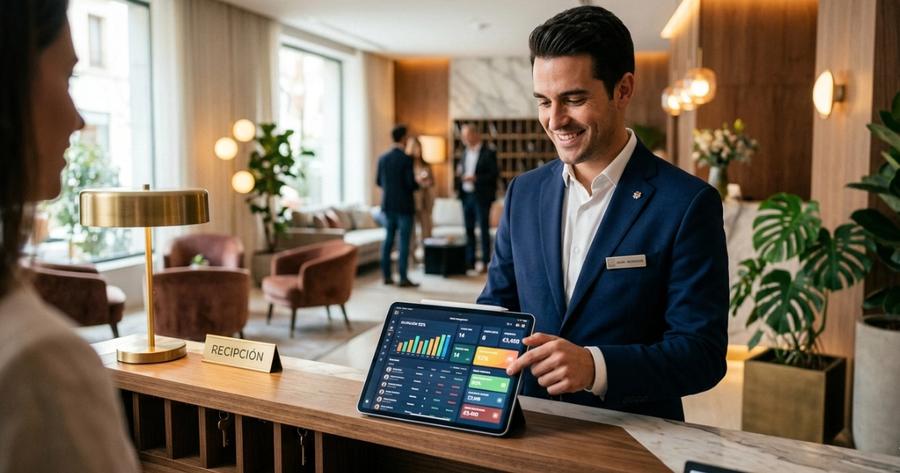 Un recepcionista muestra en una tableta el panel de ocupación y tarifas del PMS.