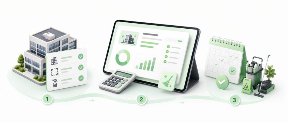 Three-step commercial cleaning quote process: enter facility details, review an instant estimate, and confirm the service schedule