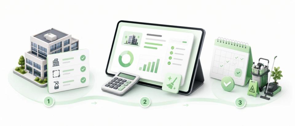 Three-step commercial cleaning quote process: enter facility details, review an instant estimate, and confirm the service schedule