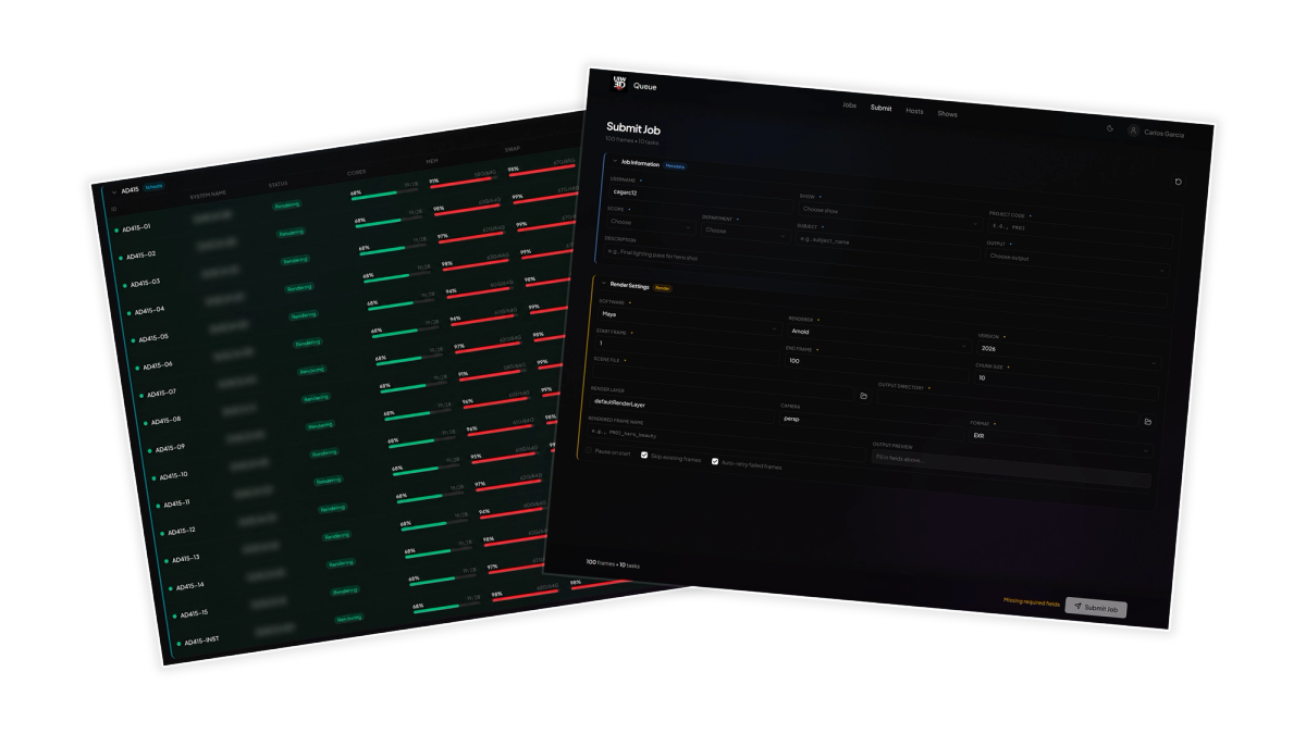OpenCue job view showing active render jobs