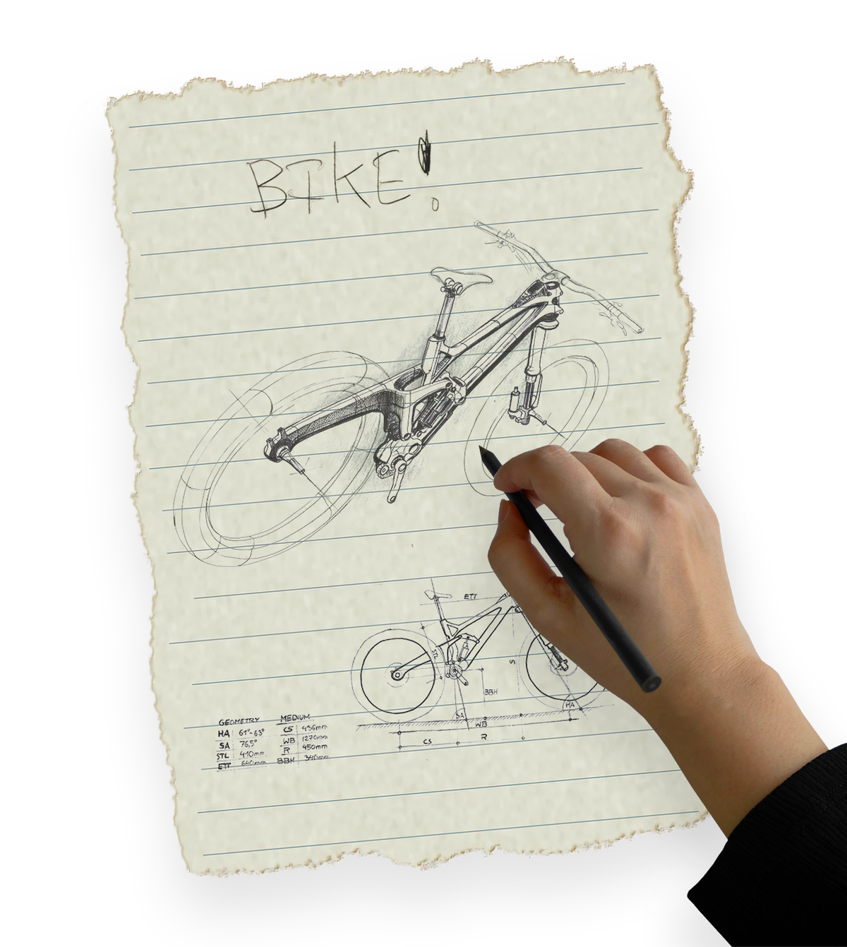 A detailed technical sketch of a mountain bike frame with suspension components and a geometry measurement chart, on lined paper labeled 'BIKE,' contrasting with a simplified memory drawing